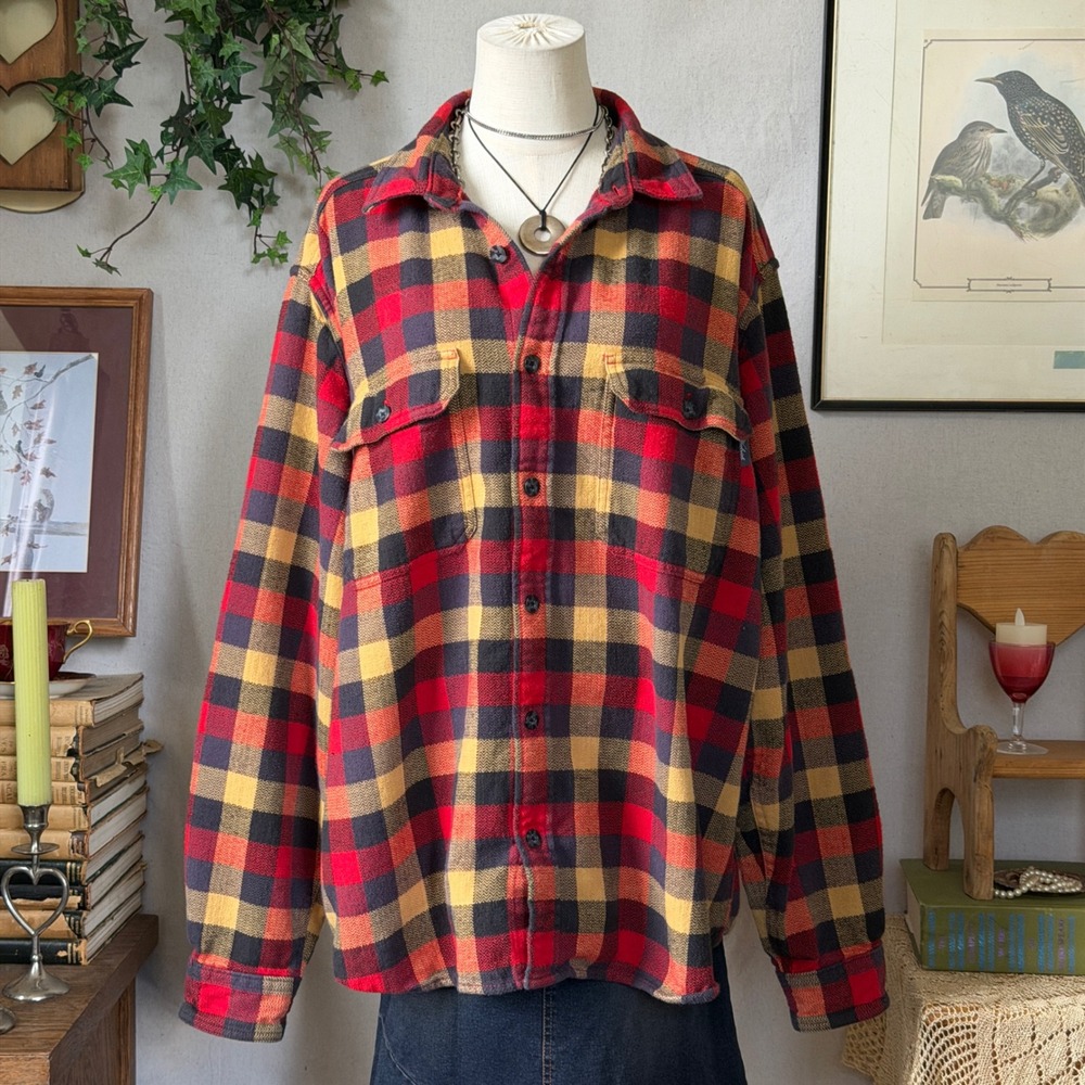 Red Plaid Flannel Shirt Oversized Boho Granola XL Chunky Knit Shacket Layering
